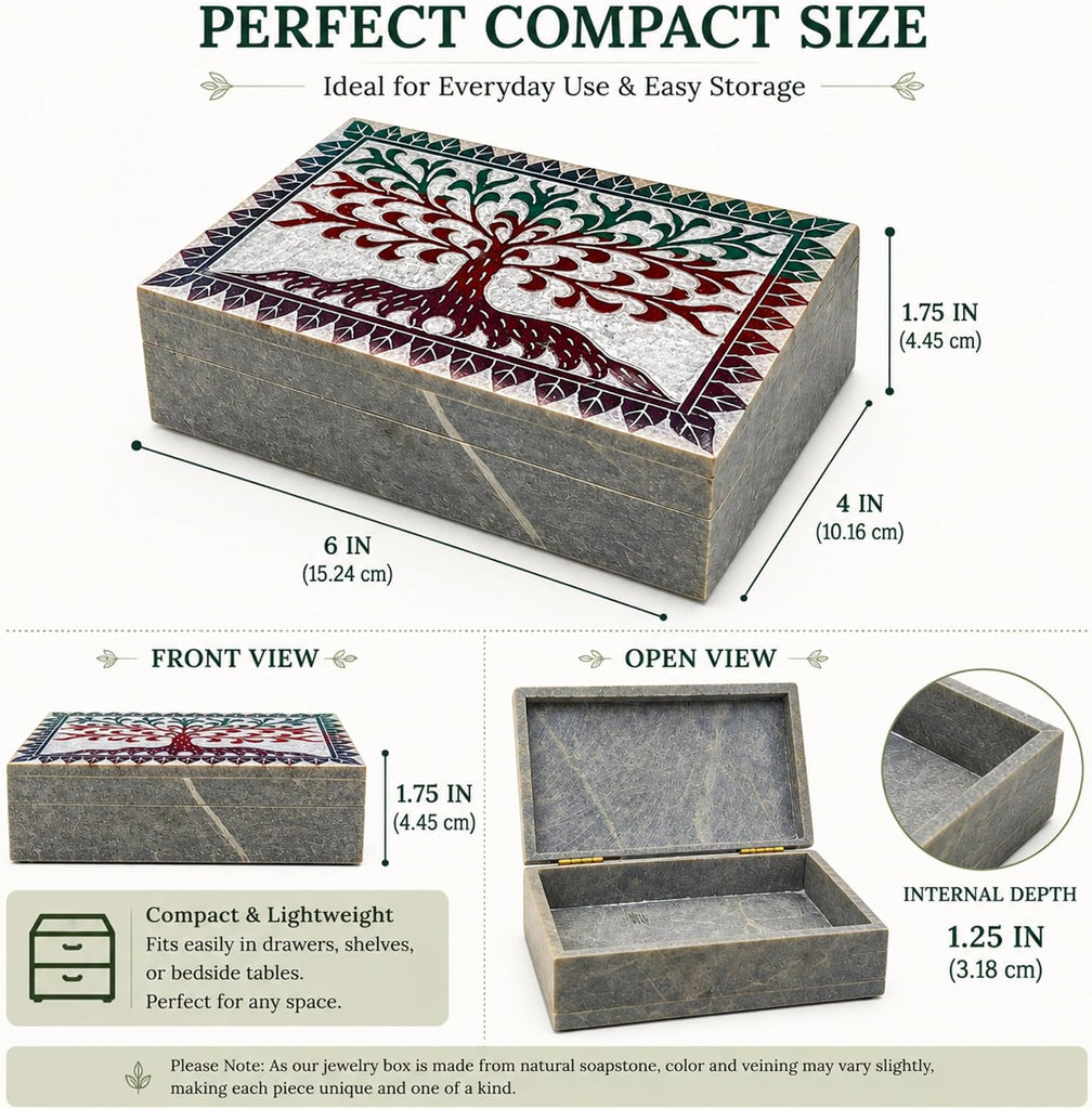 Hand Carved Marble Soapstone Square Jewellery Box, 6x4x1.75