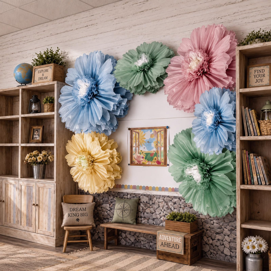 6 Pcs 31.5", 24" Boho Giant Paper Flower Morandi Back to School Bulletin Board Decoration Large Green Blue Classroom
