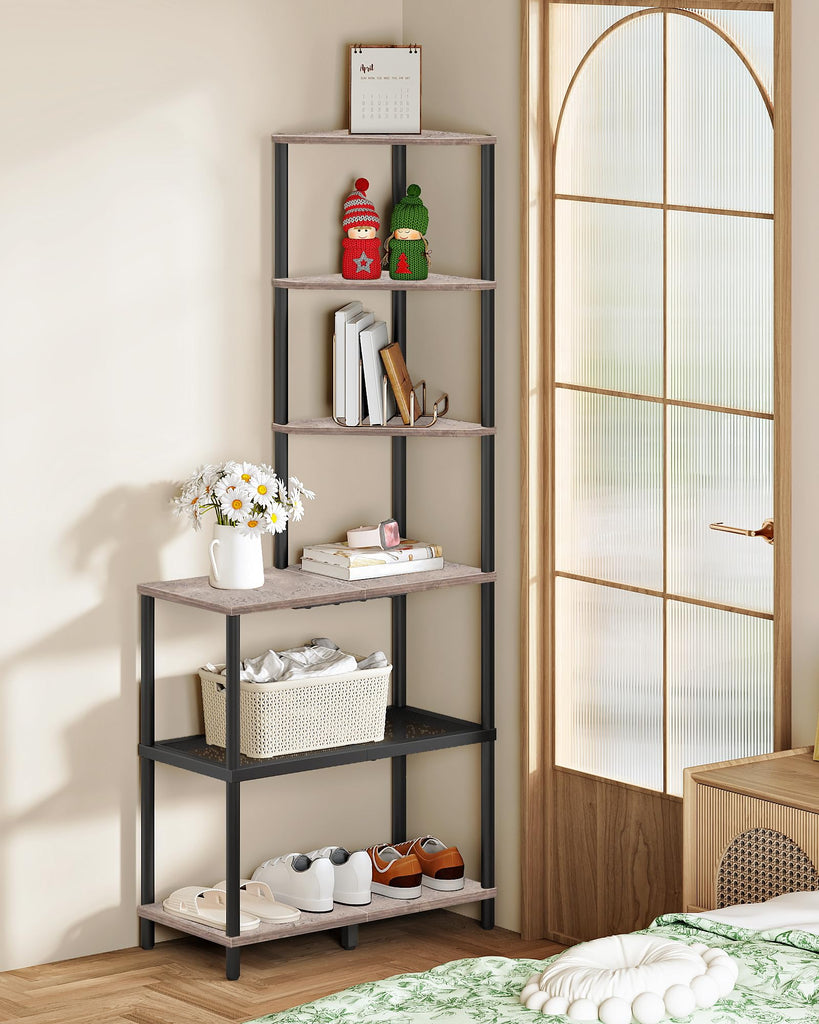 6-Tier Corner Shelf, Industrial Corner Bookshelf with Desk Top, Diamond-Shaped Storage Shelves, Display Stand for