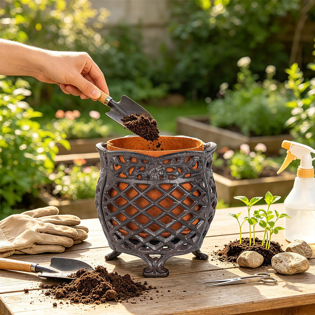 Vintage Cast Iron Urn Planter with Non-Woven Bag, Dark Brown