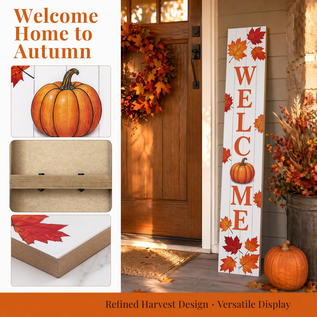 Fall Welcome Porch Sig 47" Tall Vertical Wooden Sign with Pumpkin Maple Leaves Farmhouse Rustic Autumn Thanksgiving
