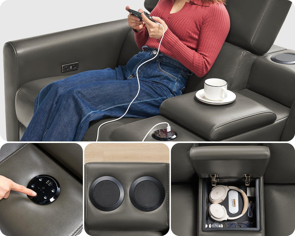 Oversized Power Recliner Sectional Sofa, Leather Recliner Sofa, Dark Grey