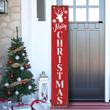 Merry Christmas Welcome Sign for Front Porch Standing, Snowflake Elk Wooden Porch Sign for Xmas Front Door