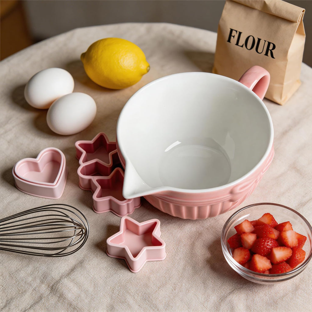 Bow Embossed Ceramic Mixing Bowl, 1 Quart Batter Bowl with Pouring Spout and Handle