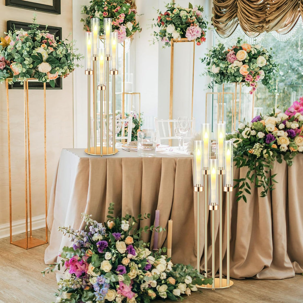 4 Pcs Acrylic Candelabra Centerpieces 35" Tall Clear Candle Holders Pillar Taper Candlestick with Lampshades 5 Arm