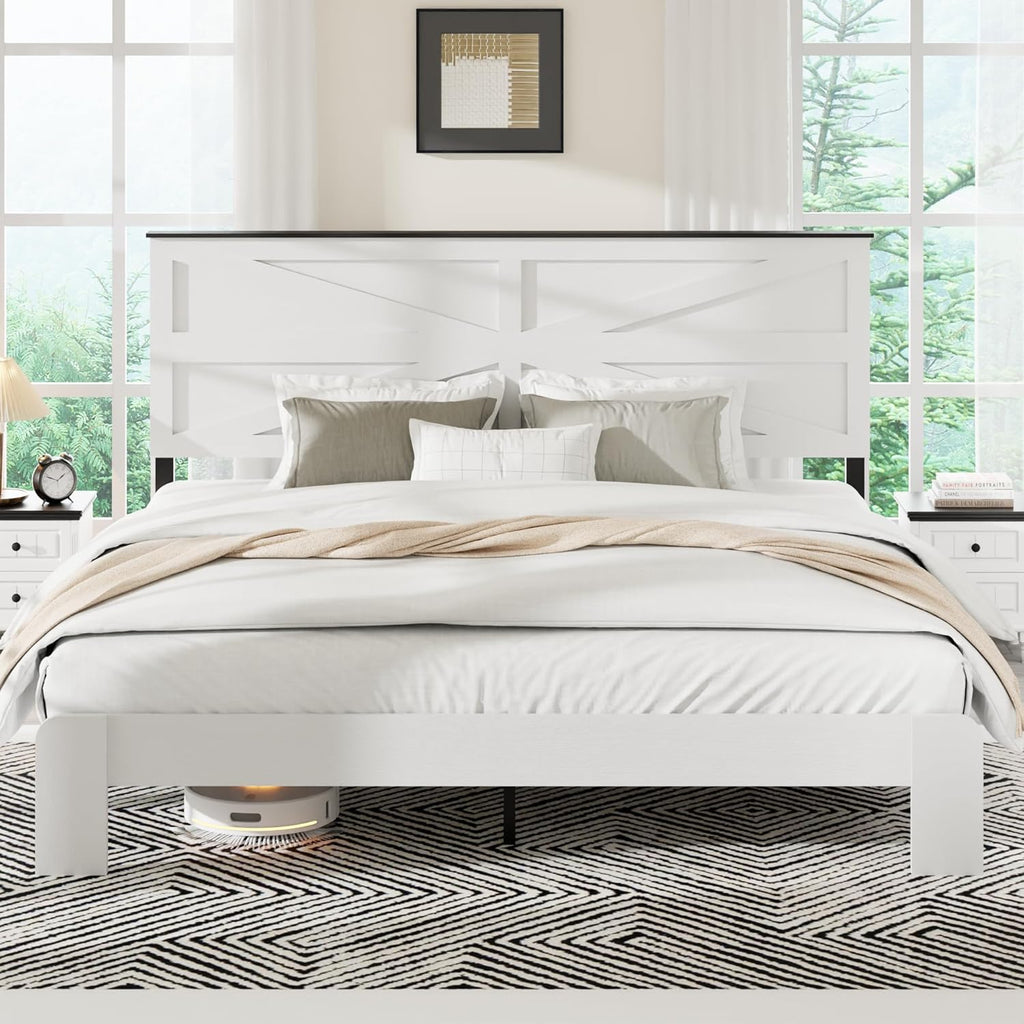 Farmhouse King Wooden Bed Frame with Headboard, Boho Platform Bedframe, Sturdy Metal Slats Support, No Box Spring