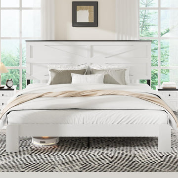 Farmhouse King Wooden Bed Frame with Headboard, Boho Platform Bedframe, Sturdy Metal Slats Support, No Box Spring