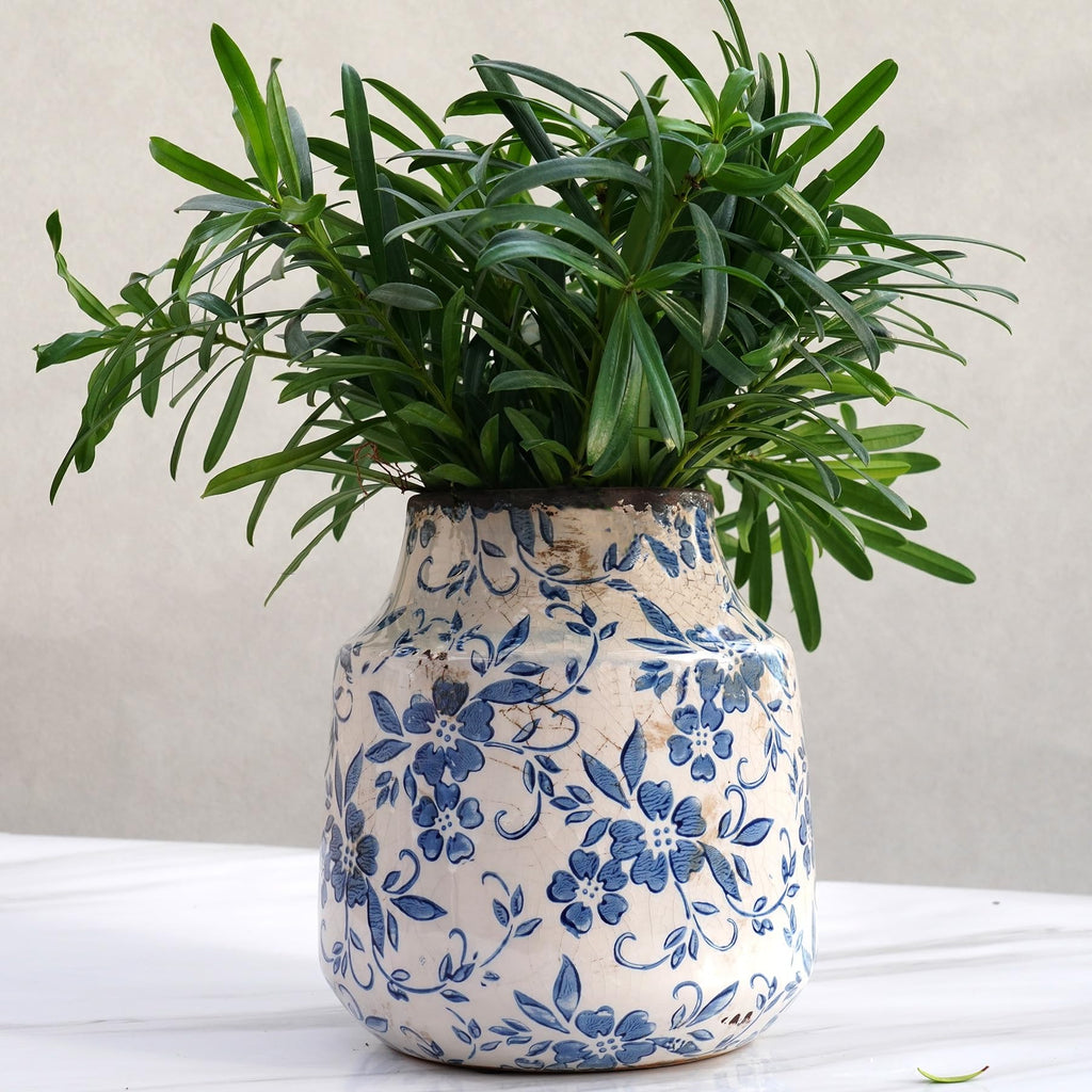 Blue and White Ceramic Vase, Decorative Pottery Flower Vase for Tulips, Vintage Crackle Glaze Vase for French