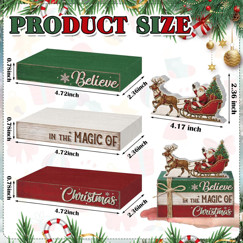 4 Pcs Christmas Santa Sleigh Table Decoration Wooden Book Stack Sign