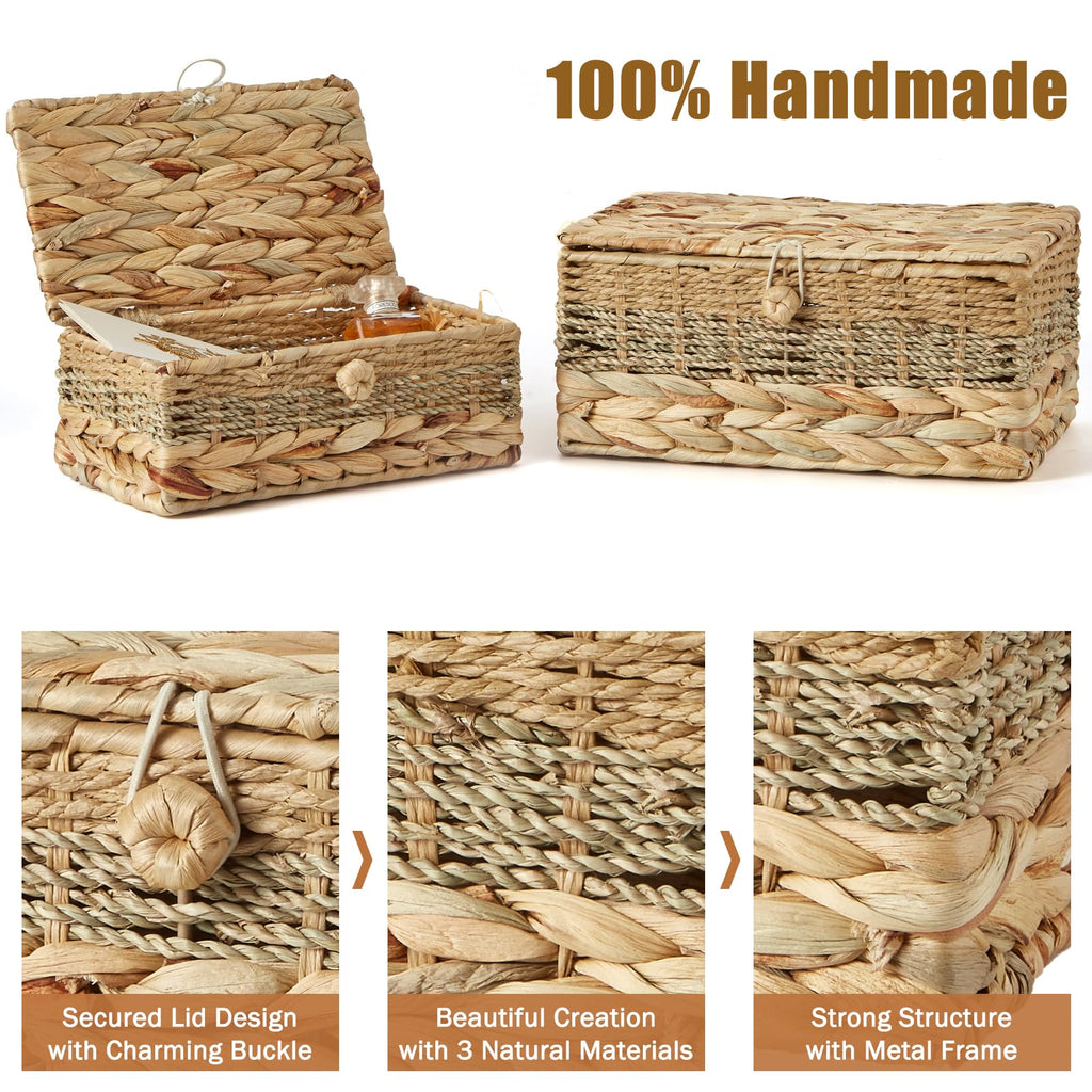 2PCS Wicker Storage Baskets with Lids Decorative Rattan Boxes