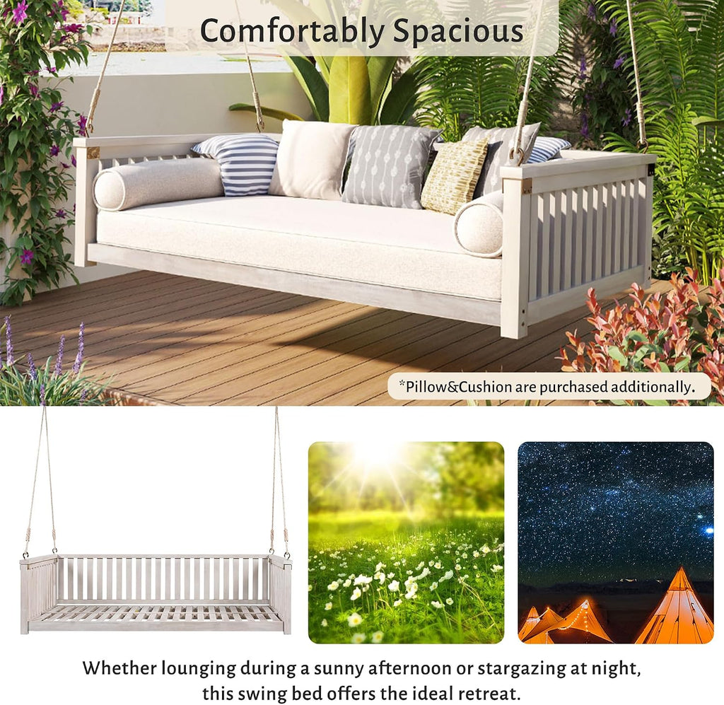 Twin Size Acacia Wood Porch Swing Bed with 4 Heavy Duty Ropes,Hanging Daybed Swing Bench for 2 People, 350 LBS