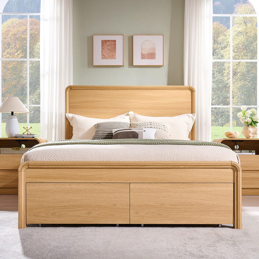 Modern Queen Size Bed Frame with 50" Tall Headboard, Natural Oak