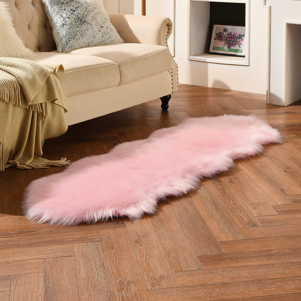 Pink Faux Sheepskin Runner Rugs 2x6 ft, Fluffy Fur Couch Covers