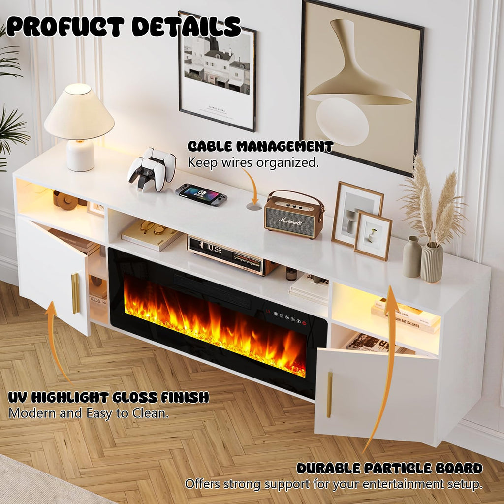 70" Floating TV Stand with 36" Electric Fireplace, Wall Mounted Fireplace LED Light Entertainment Center with Open