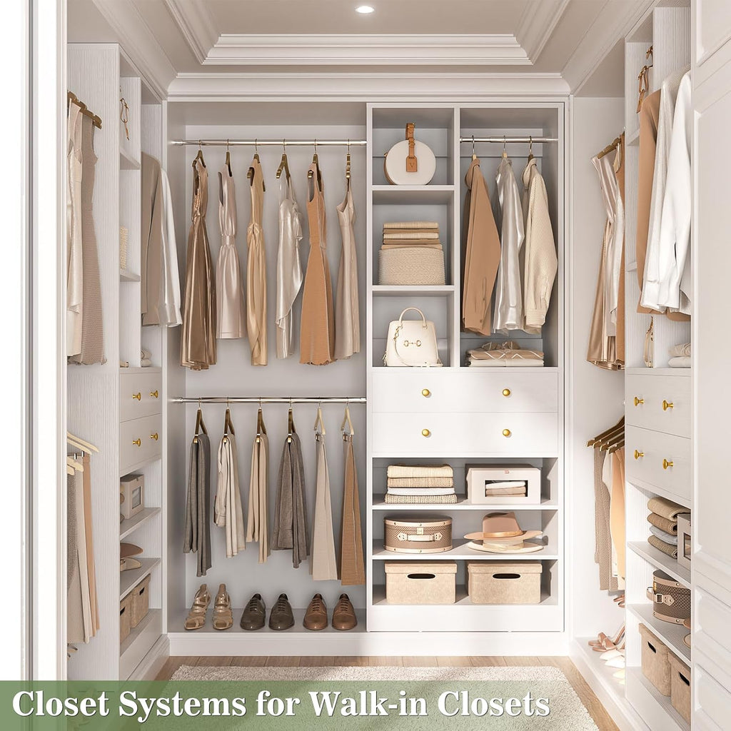 Closet System, 4.2-8.8 FT Closet Organizer with 2 Wooden Drawers and Shelves, Walk-in Closet System with 5 Hang Rods