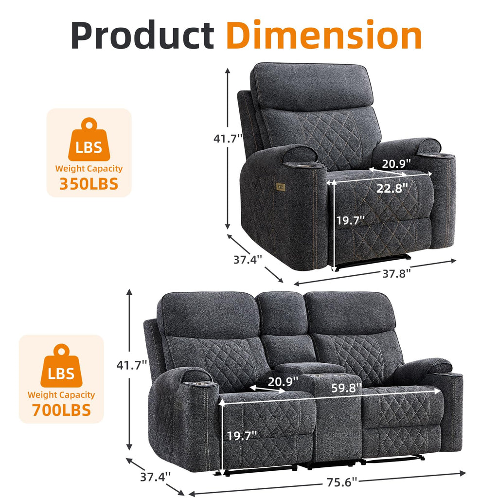 Power Reclining Sofa Set, Fabric Electric Recliner Chair and Loveseat Sofa with Cup Holders, USB and Type-C Charging