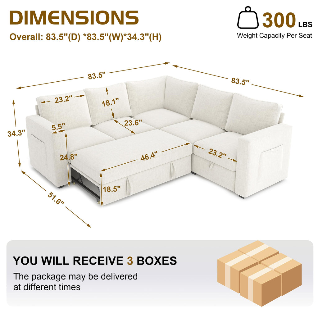 Sectional Sleeper Sofa, Pull Out Couch with Storage, Beige, 5 Seat