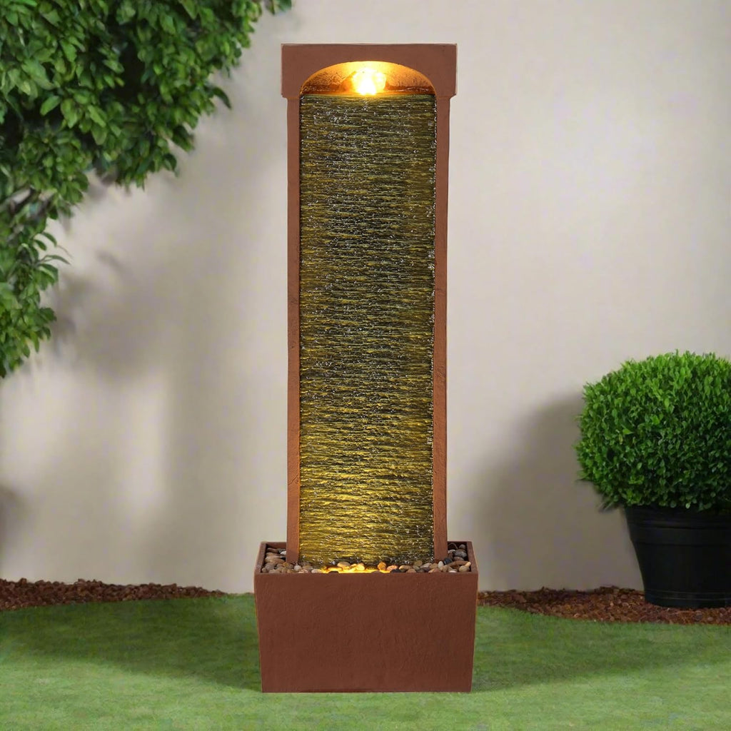 38.5" Modern Curved Faux Slate Waterfall Fountain with LED Lights, Red Rock