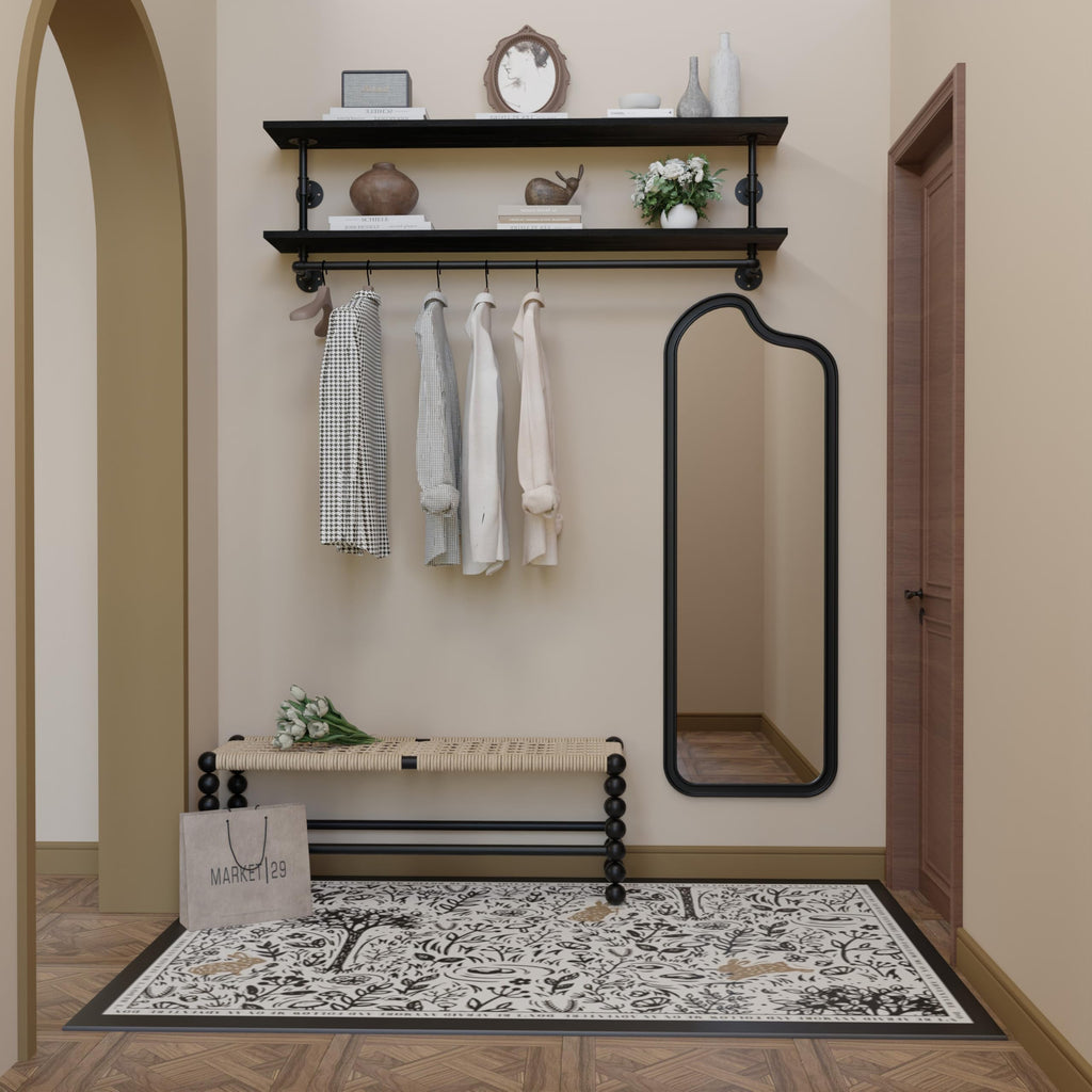 Black Clothes Rack 60in, 2-Tier Wall Mounted Garment Rack with Real Wood Shelf, Heavy Duty Hanging Clothes Rack