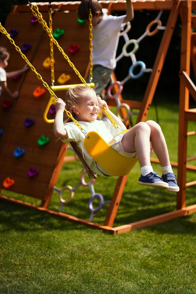 Sycamore Wooden Swing Set with Climbing Ladder, 2 Belt Swings & Trapeze Bar - Outdoor Backyard Jungle Gym Playground