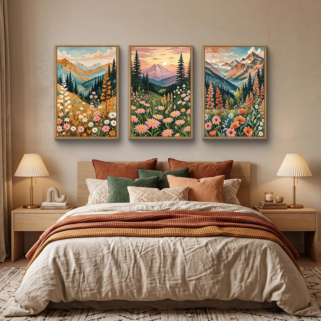 Mountain Sunset Floral Framed Canvas Wall Art Set, Colorful Wildflower Daisy Flower Wall Decor, Boho Blossom Botanical