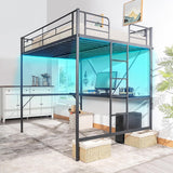 Full Metal Loft Bunk Bed Frame for Kids Teens Adults with Desk Underneath,2 Charging Station,LED Lights,Safety