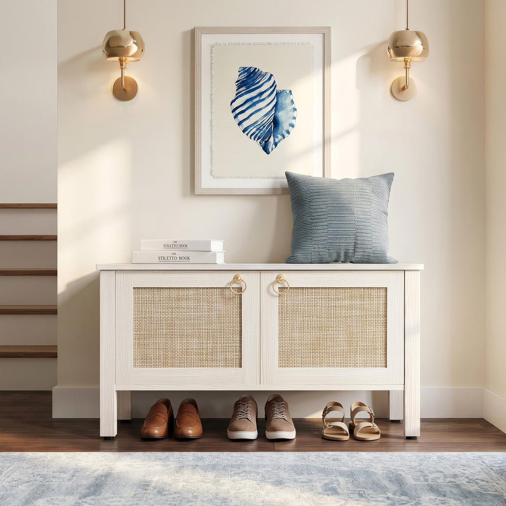 Rattan Storage Bench Boho Storage Chest with 2 Safety Hinges