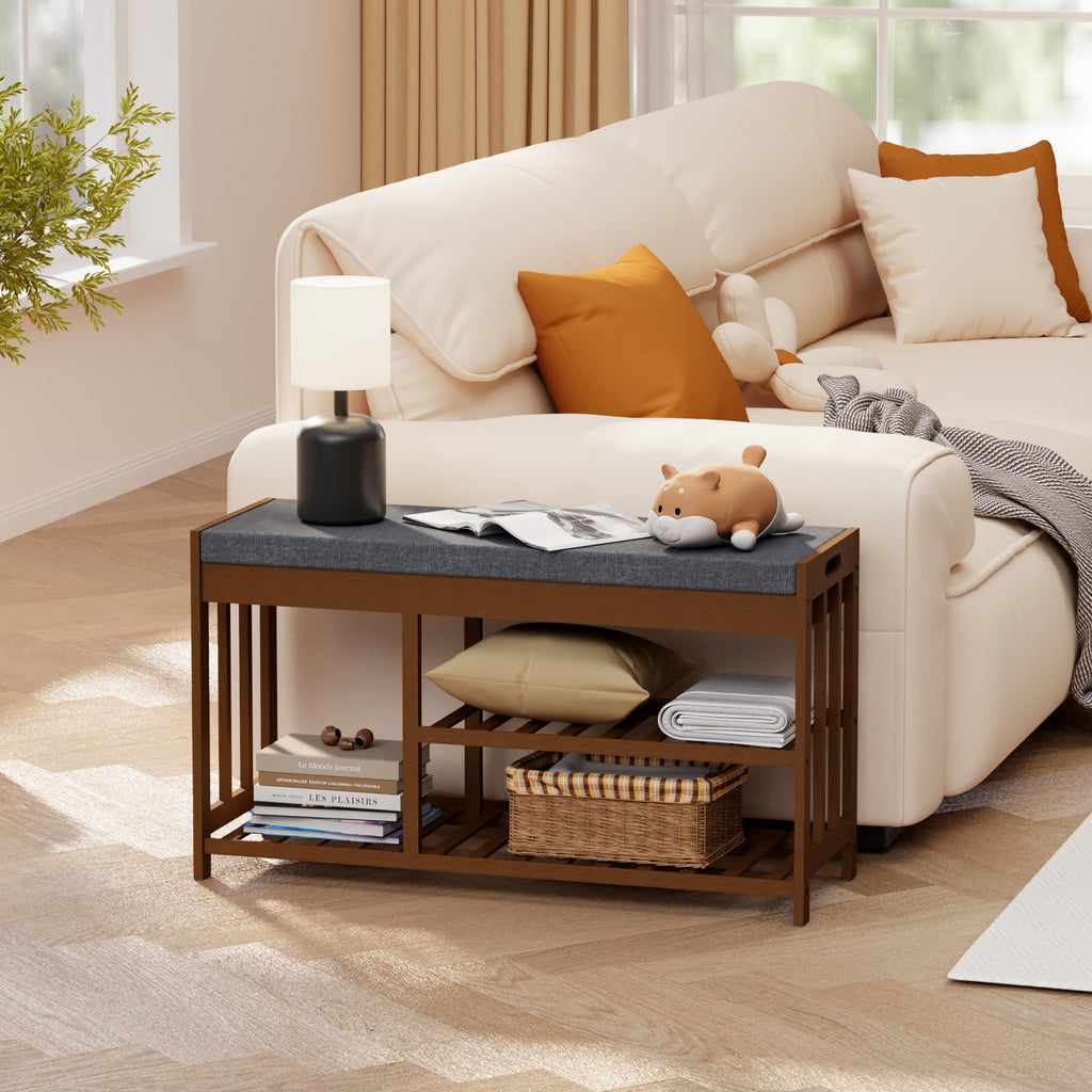 Shoe Rack Bench, Bamboo Shoe Storage Bench with Cushion