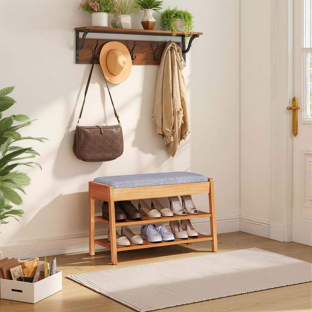 Shoe Rack Bench with Storage, 2-Tier Solid Wood Entryway Bench with Cotton-Linen Cushion, Multipurpose Storage