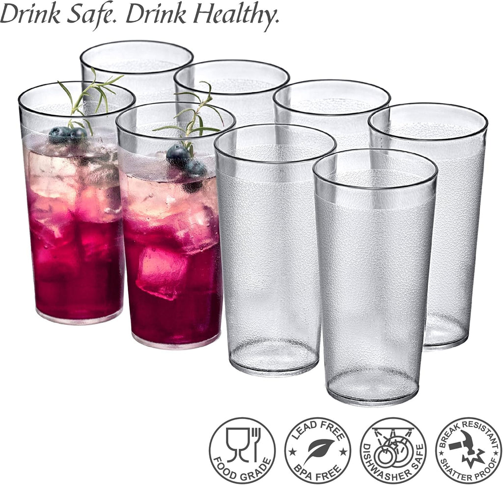 Cafely - 16-Ounce Plastic Tumblers (Set of 8), Plastic Drinking Glasses, Restaurant-Style Tumblers, Commercial-Grade