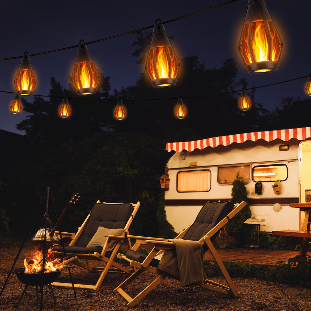 Solar Flame String Lights, 42FT 15 LED Bulbs Waterproof, Warm White