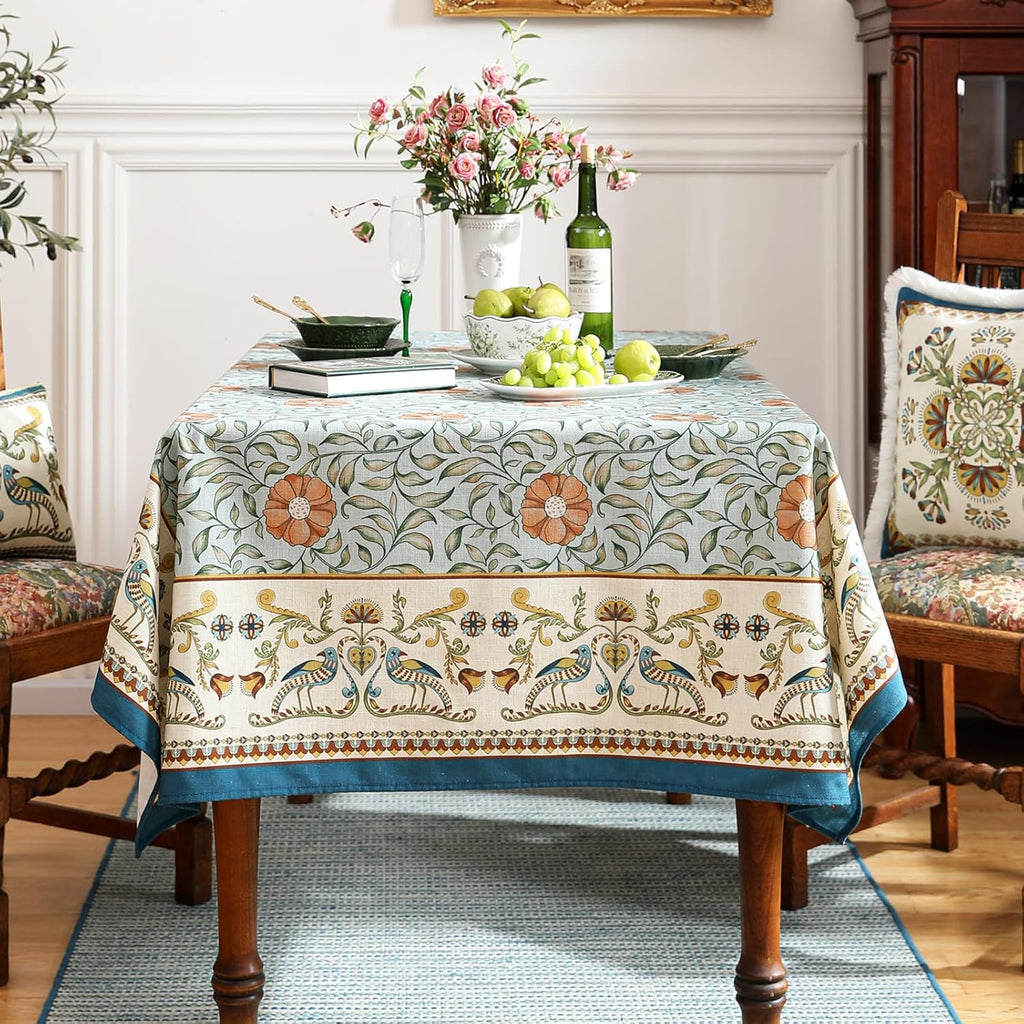 Designer French Linen Blue Tablecloth for Rectangle Table,Vintage Floral Table Cloth,Colorful Decora