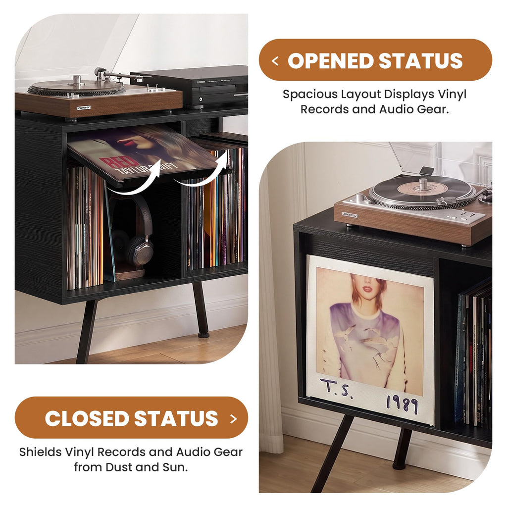 Flip Top Record Player Stand with Vinyl Storage Up to 150 Albums