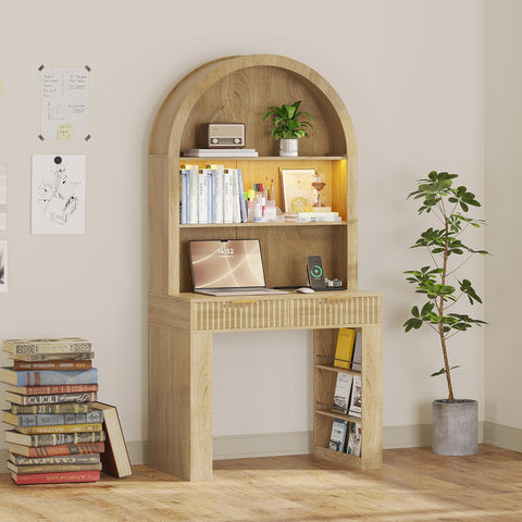 Arched Desk, Computer Desk with 2 Drawers & Hutch, Wood Writing Desk with Power Outlets, 3 Color LED Lights