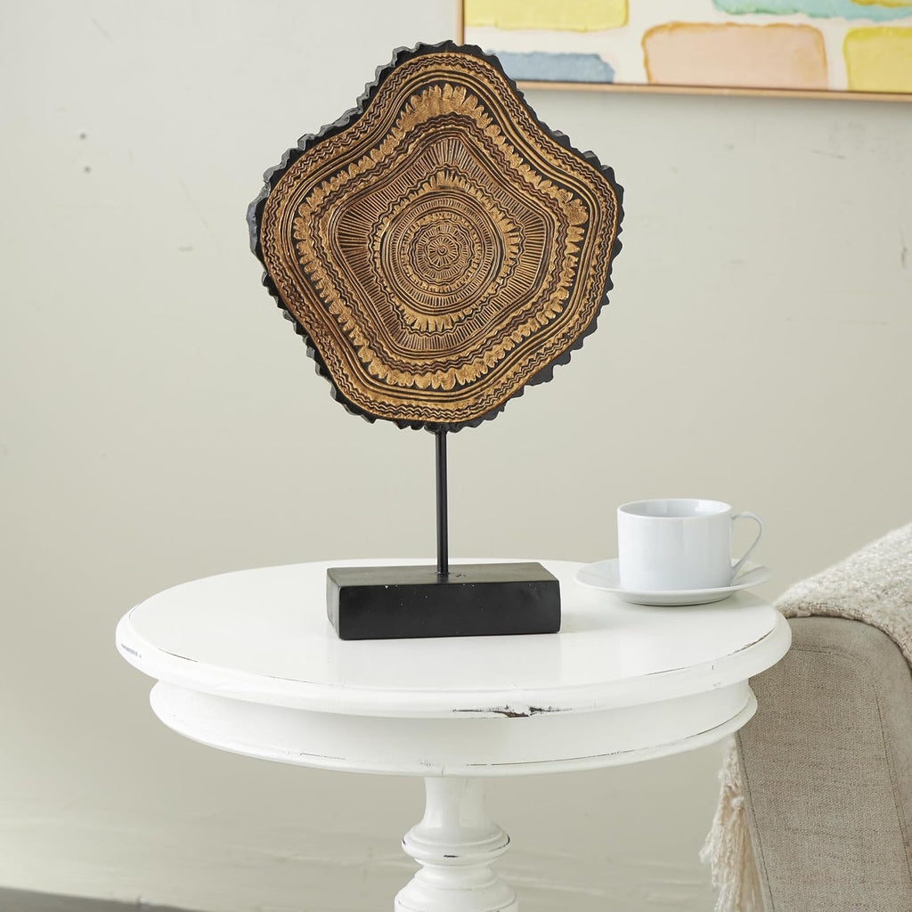 79 Resin Tribal Decorative Sculpture Abstract Carved Home Decor Statue with Black Stand and Wavy Edge, Accent