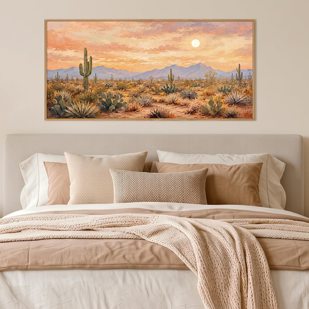 Large Desert Sunset Cactus Framed Canvas Wall Art Set, Vintage Southwestern Landscape Wall Decor, Boho Orange Mexican