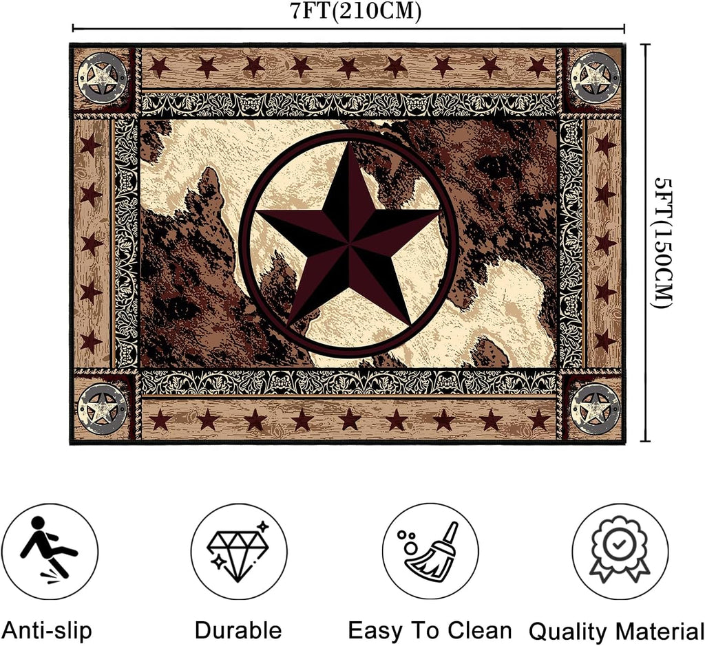Western Rugs Area Rug,Washable Living Room Rug Vintage Rugs,Texas Star,Entryway Throw Mats Brown Non Slip Rustic