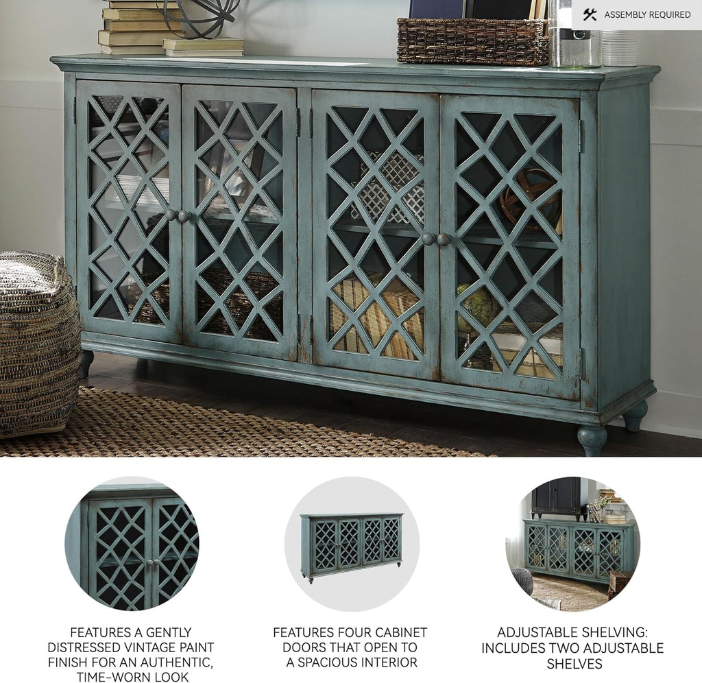 Mirimyn Vintage 69" 4-Door Accent Cabinet with Mirrored Glass and 2 Adjustable Shelves, Antique Blue