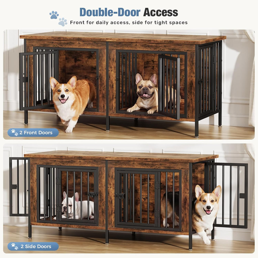Dog Crate Furniture for 2 Dogs with Divider, Brown