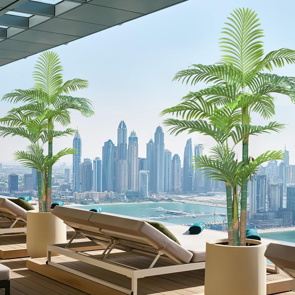 Fake Palm Trees 6FT 2pcs, Artificial Golden Cane Palm Tree 72IN, Green Large Tropical Palm Fake Plant in Pot for