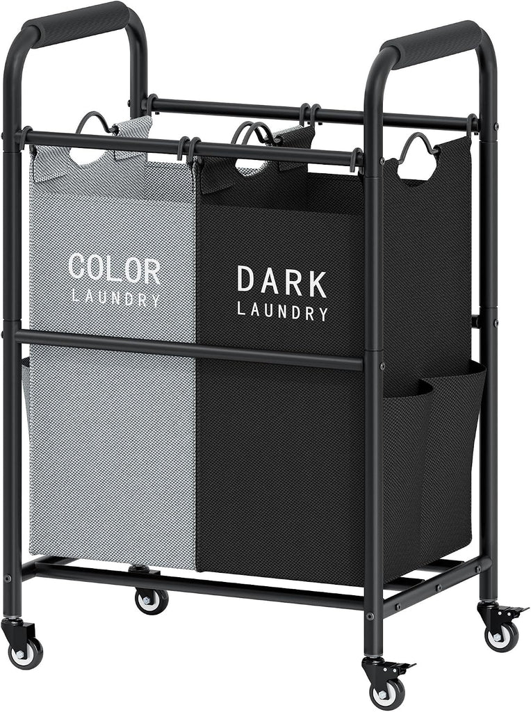 2 Bag Laundry Sorter Cart, Black & Grey | 50lbs Large Capacity, Removable Laundry Bags, Heavy Duty Lockable Rolling