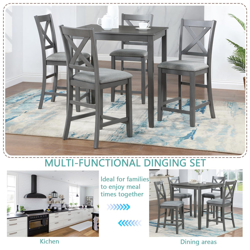5-Piece Solid Wood Table Set for 4, Farmhouse Counter Height Kitchen Dining Table Set with 4 Upholstered Chairs Bar