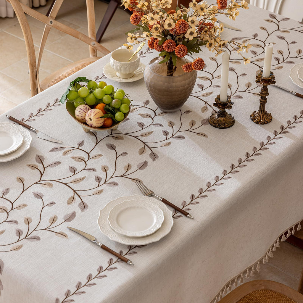 Rectangle Linen Tablecloth, Heavy Duty Waterproof Tablecloths, Farmhouse Embroidery Leaves Table Cloth with Tassels