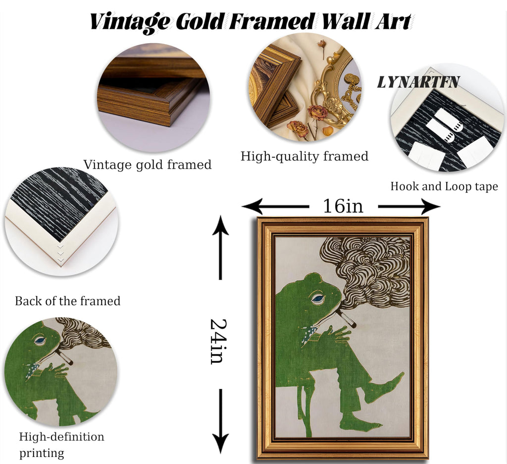 Vintage Gold Framed - Smoking Frog Canvas Wall Art, Retro Japanese Ukiyo-e Style Picture, Whimsical Animal