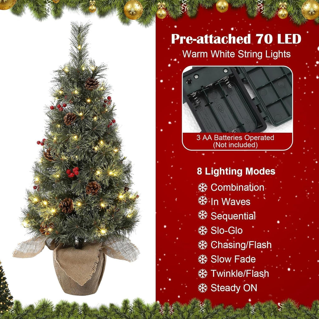 3FT Mini Christmas Tree with Battery Operated Lights for Holiday Decor