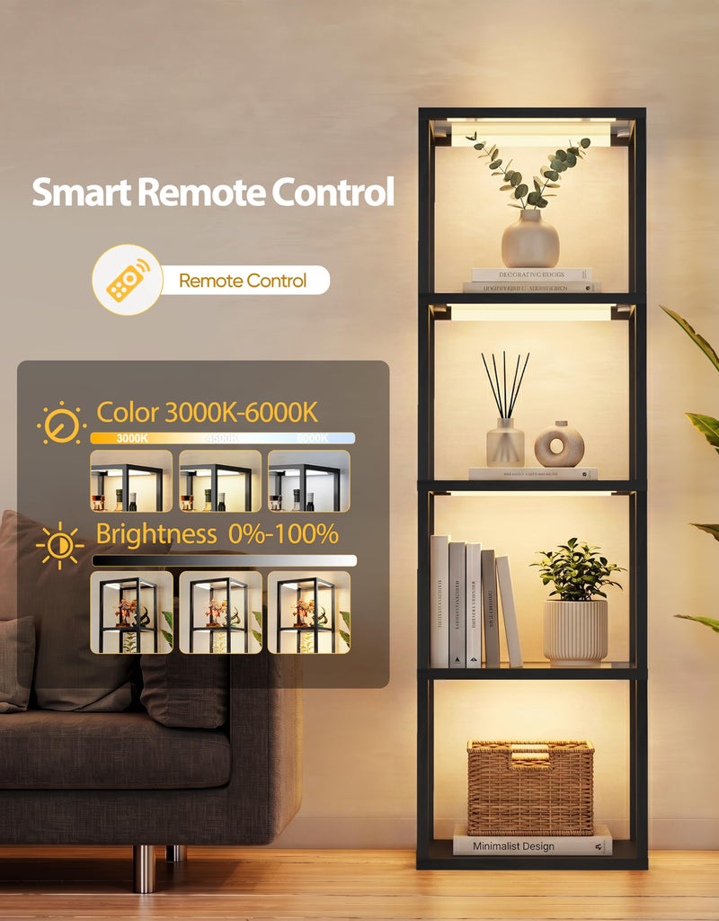 Large Glass Display Shelf with Remote Control, Dimmable LED Floor Lamp with Shelves, Open Display Cabinet, 3 Color