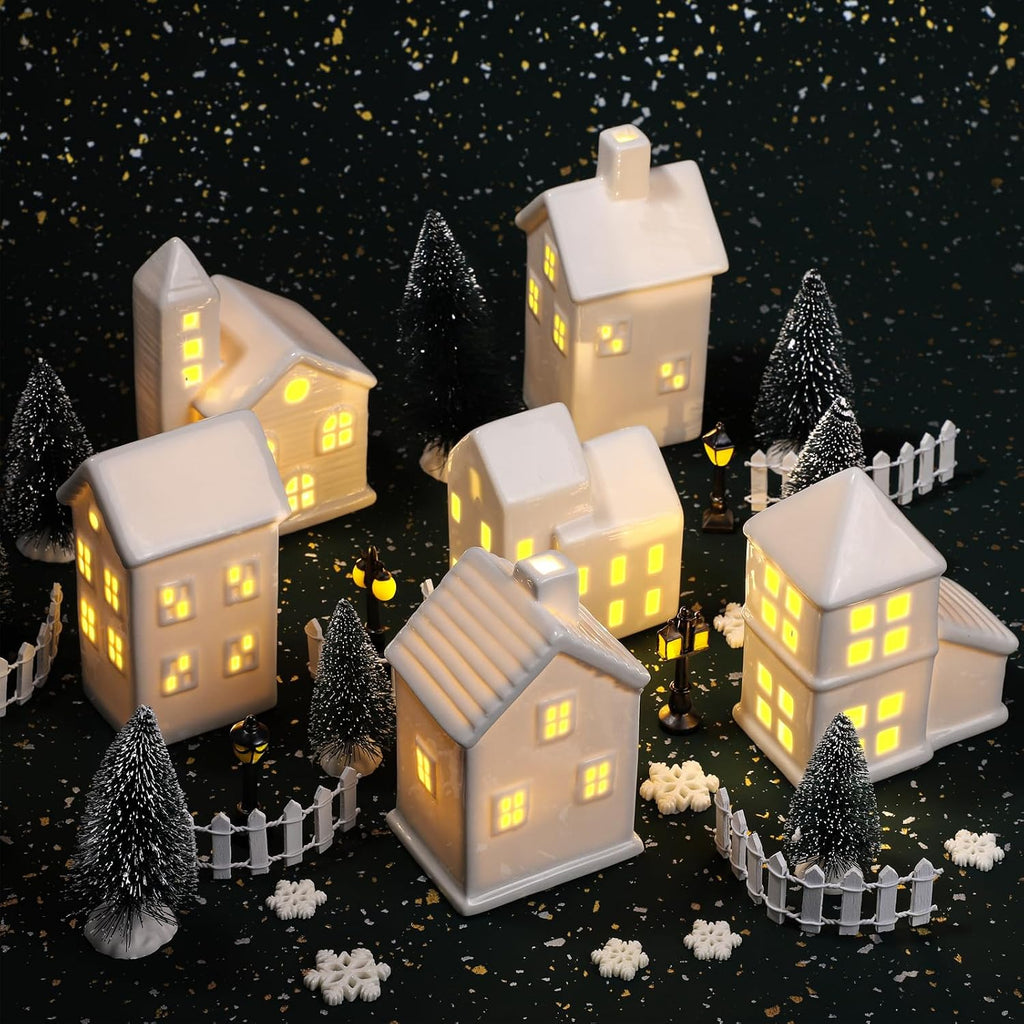 39 Pieces LED Lighted Ceramic Winter Village Building Figurines and Accessories Desktop Ornament Set for Holiday