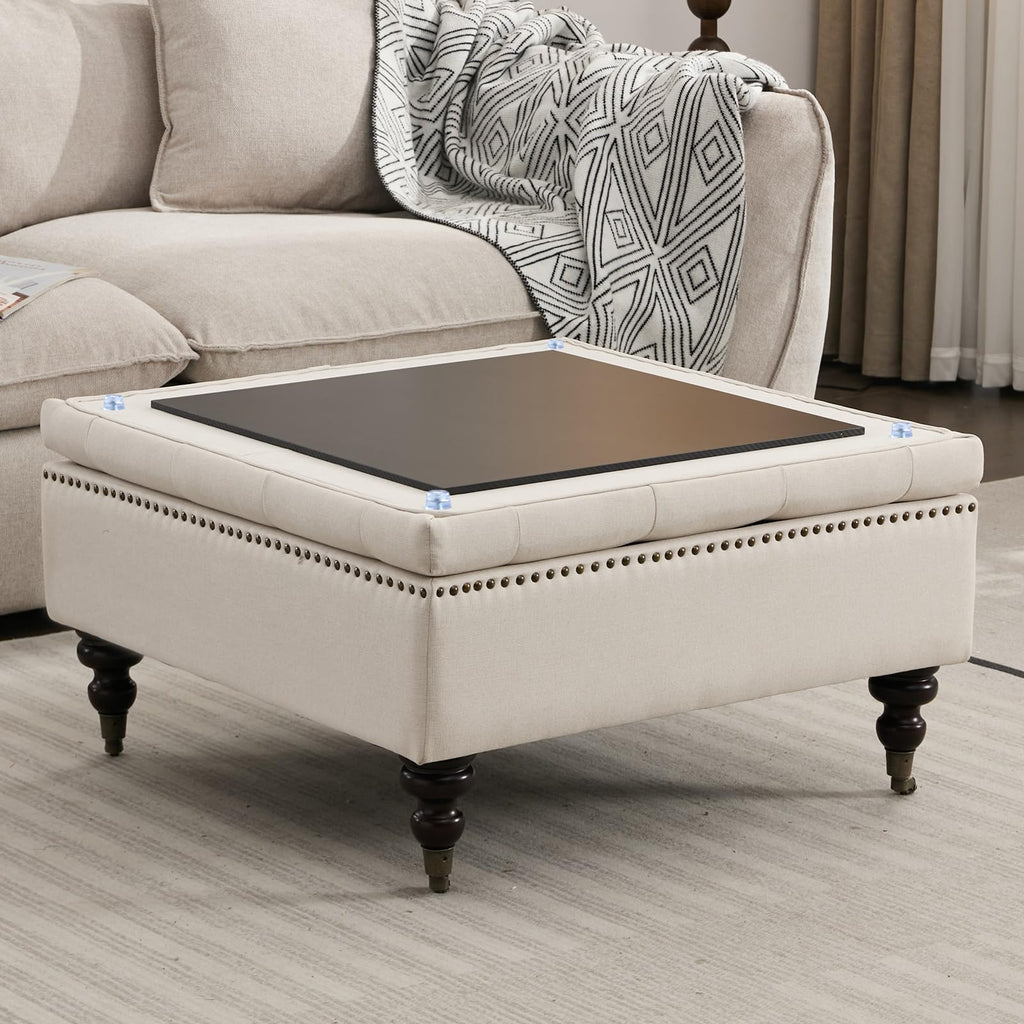 Large Square Storage Ottoman Uphlostered Tufted Button Coffee Table, Beige