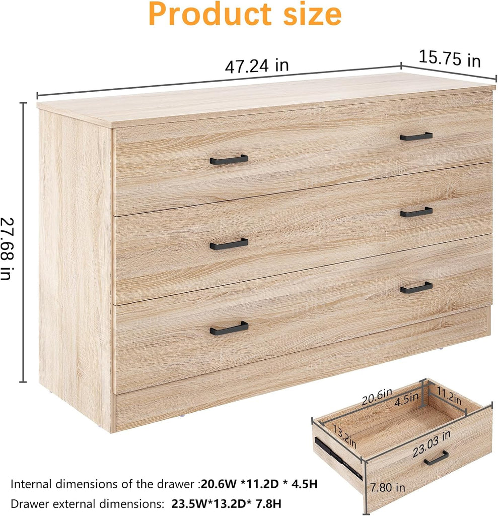 Dresser , 6 Drawer Double Dresser, Modern Chest of Drawers with Deep Drawers, TV Stand Large Storage Organizer