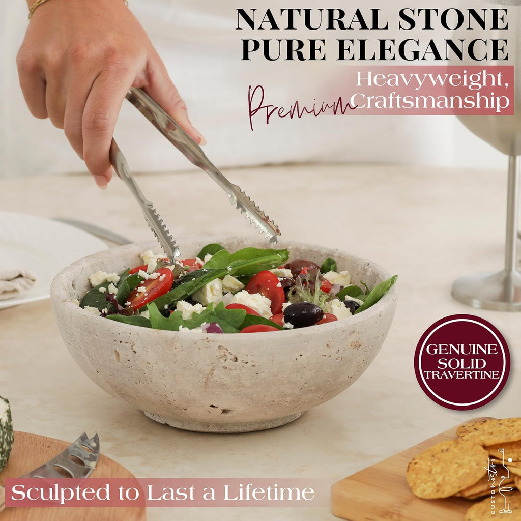 8" Decorative Travertine Bowl for Coffee Table - Elegant Centerpiece, Aesthetic Fruit Bowl Counter - Heavy Stone